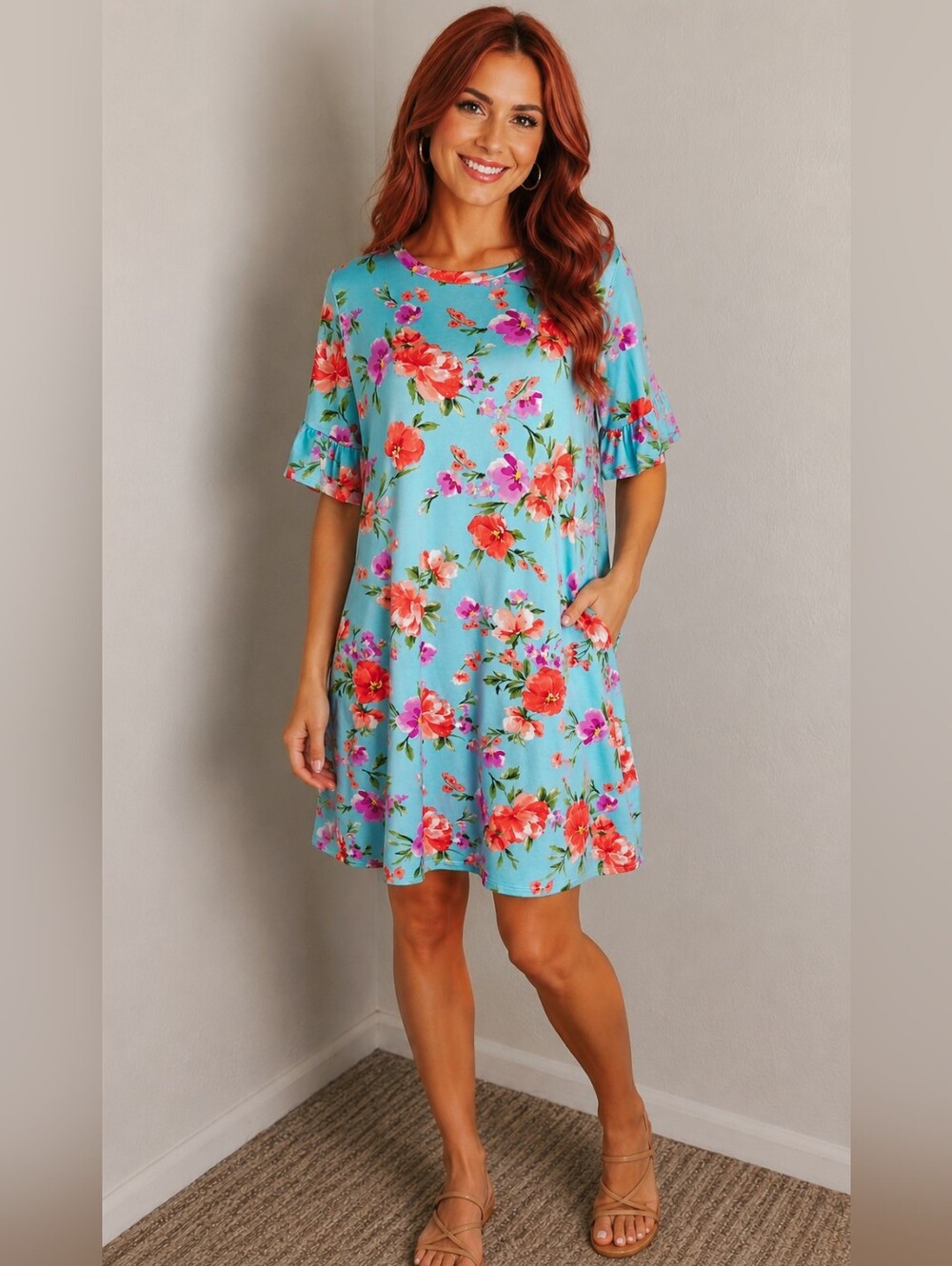 Perfect Peach Shift Dress, Blue with Pink & Red Flowers, Side Pockets Size Large